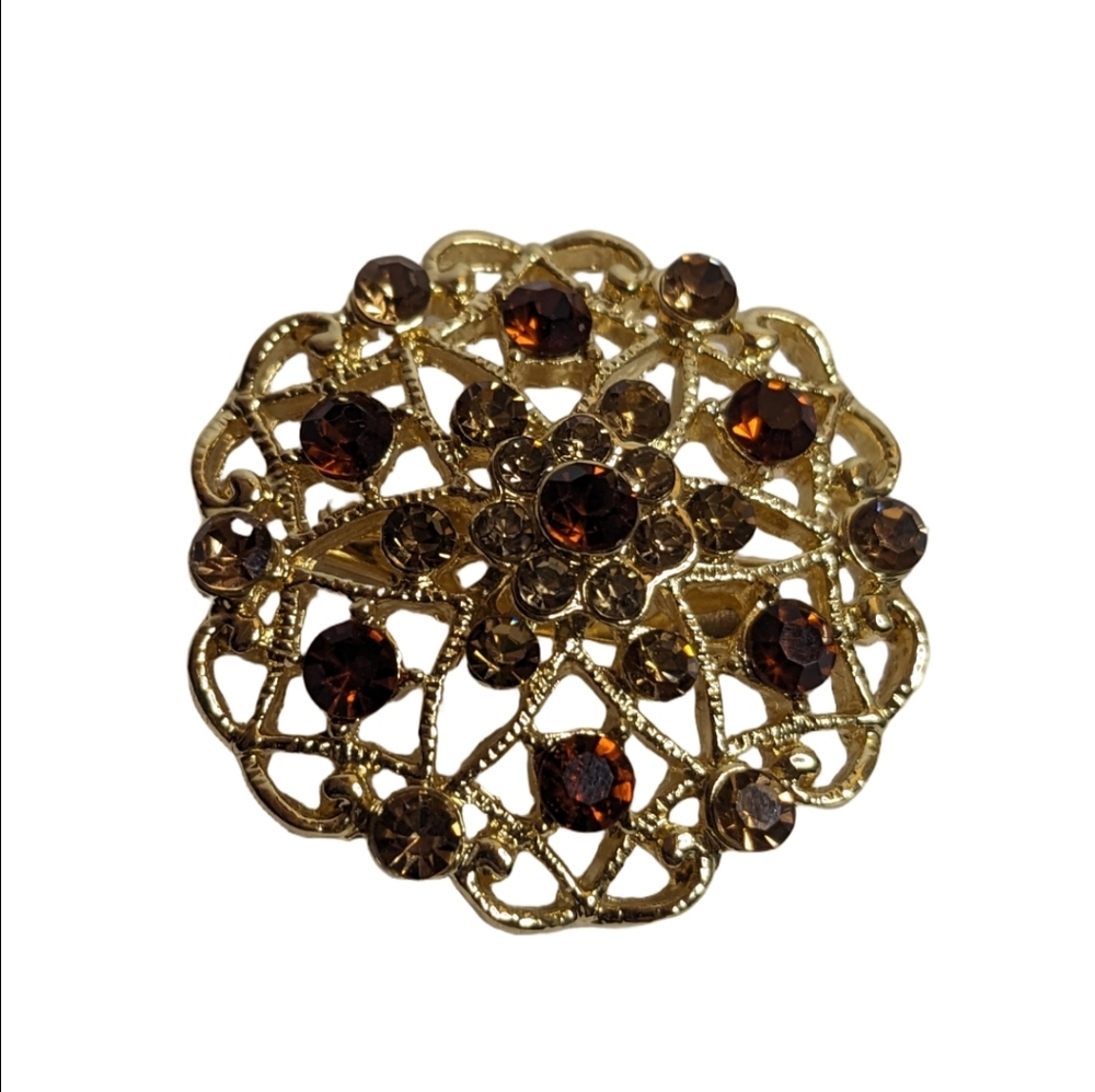 Vintage Gold Filigree Brooch with Amber Rhinestones